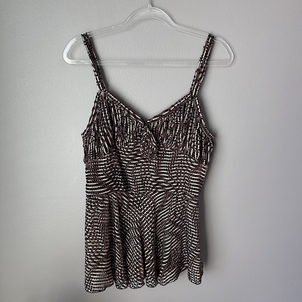 Anna Sui Spaghetti Strap Top Women's 10 Brown Stripes Polka Dots Silk Blend - Picture 5 of 16